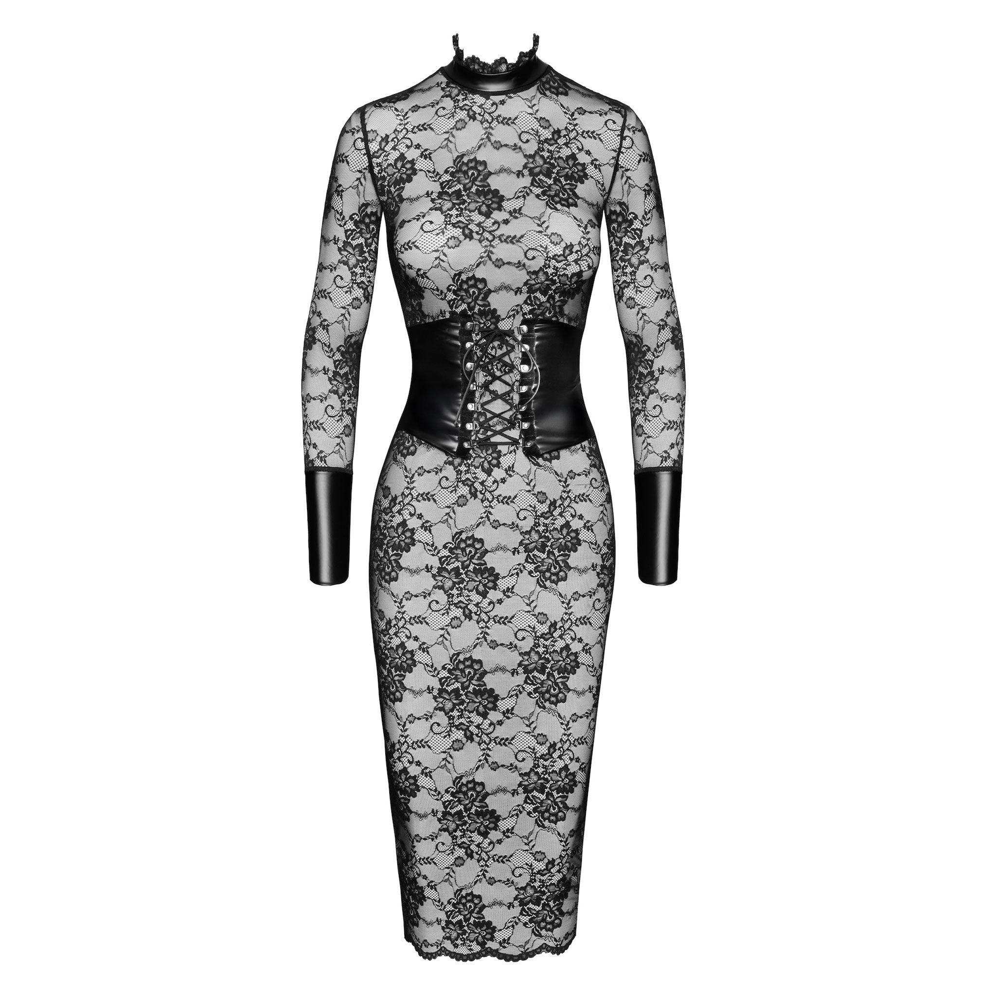 Lace wetlook-trim power-wetlook sheer transparent nylon-lacing dress midi-dress mididress long-sleeve longsleeve sleeves sleeved keyhole-back corset cincher lace-up pull-over standup-collar hook-and-eye wide-cuffs adjustable classic alluring exquisite elegant bold delicate refined sophisticated daring flattering empowering sensual stretchy integrated comfortable hourglass  fashion alt-fashion party kink kinky female femme feminine womens black