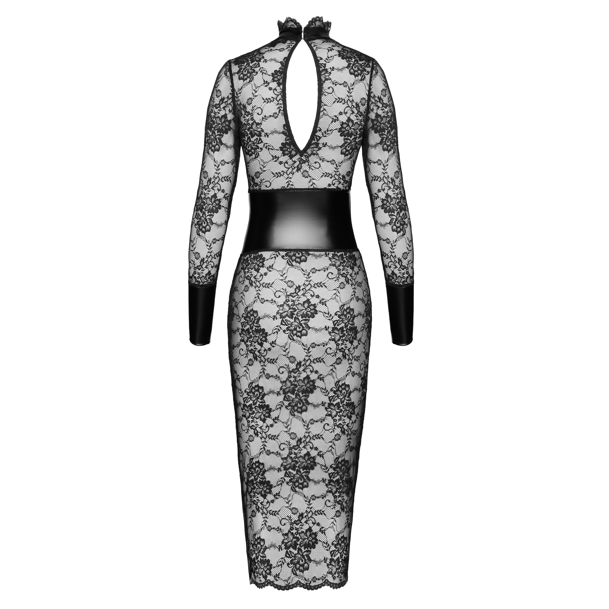 Lace wetlook-trim power-wetlook sheer transparent nylon-lacing dress midi-dress mididress long-sleeve longsleeve sleeves sleeved keyhole-back corset cincher lace-up pull-over standup-collar hook-and-eye wide-cuffs adjustable classic alluring exquisite elegant bold delicate refined sophisticated daring flattering empowering sensual stretchy integrated comfortable hourglass  fashion alt-fashion party kink kinky female femme feminine womens black