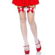 Spandex nylon fishnet fish-net industrial-net accessories intimates hosiery stocking thigh-high thigh-hi red-bow nurse-badge cross-detail reinforced-toe comfortable playful seductive bold sexy durable fetish fashion alt-fashion alternative rave raver-babe ravewear festival kink kinky kinkwear erotic role-play roleplay uniform naughty-nurse costume cosplay halloween halloween-costumes halloween-accessories back-to-school back-2-school school female femme feminine womens white-red