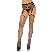 Spandex nylon elastane hosiery stockings fishnet fish-net industrial net garter belt garterbelt scalloped trim attached connected O-ring crotchless bad-girl accessories black