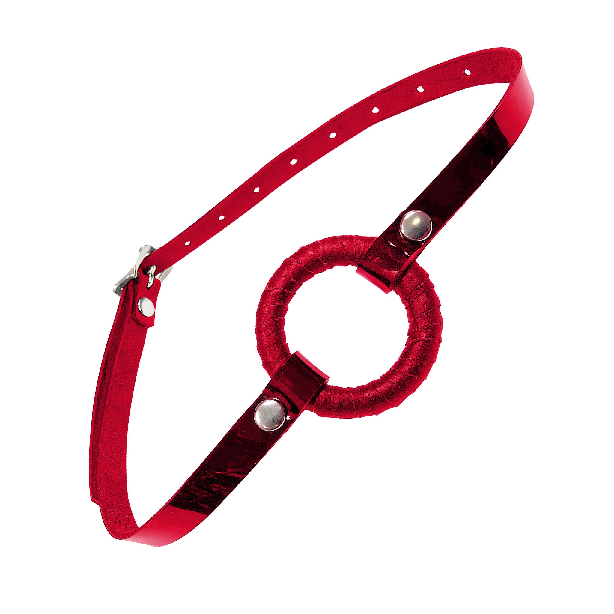 Leather patent-leather gag mouth mouth-gag o-ring wrapped adjustable buckle restraint restraints bondage domination bdsm bdsm-gear kink kinky kinky-play red