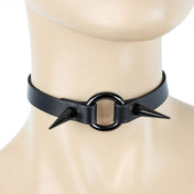 Leather genuine-leather accessories neckwear collar choker spikes spike spiked long-spikes stiletto-spikes side-spikes O-ring adjustable buckle edgy pointy fetish fashion alt-fashion alternative punk emo goth gothic festival concert bondage bdsm bdsm-toys costume cosplay halloween halloween-accessories unisex black black-spikes
