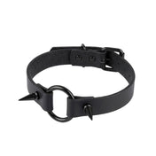Leather genuine-leather accessories neckwear collar choker spikes spike spiked long-spikes stiletto-spikes side-spikes O-ring adjustable buckle edgy pointy fetish fashion alt-fashion alternative punk emo goth gothic festival concert bondage bdsm bdsm-toys costume cosplay halloween halloween-accessories unisex black black-spikes