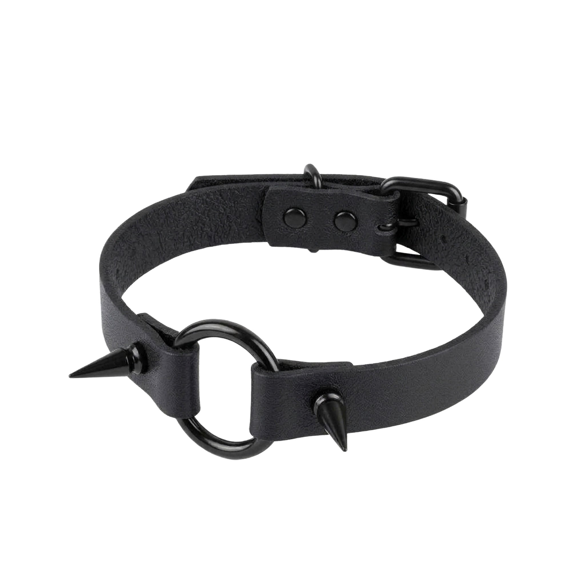 Leather genuine-leather accessories neckwear collar choker spikes spike spiked long-spikes stiletto-spikes side-spikes O-ring adjustable buckle edgy pointy fetish fashion alt-fashion alternative punk emo goth gothic festival concert bondage bdsm bdsm-toys costume cosplay halloween halloween-accessories unisex black black-spikes
