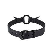 Leather genuine-leather accessories neckwear collar choker spikes spike spiked long-spikes stiletto-spikes side-spikes O-ring adjustable buckle edgy pointy fetish fashion alt-fashion alternative punk emo goth gothic festival concert bondage bdsm bdsm-toys costume cosplay halloween halloween-accessories unisex black black-spikes