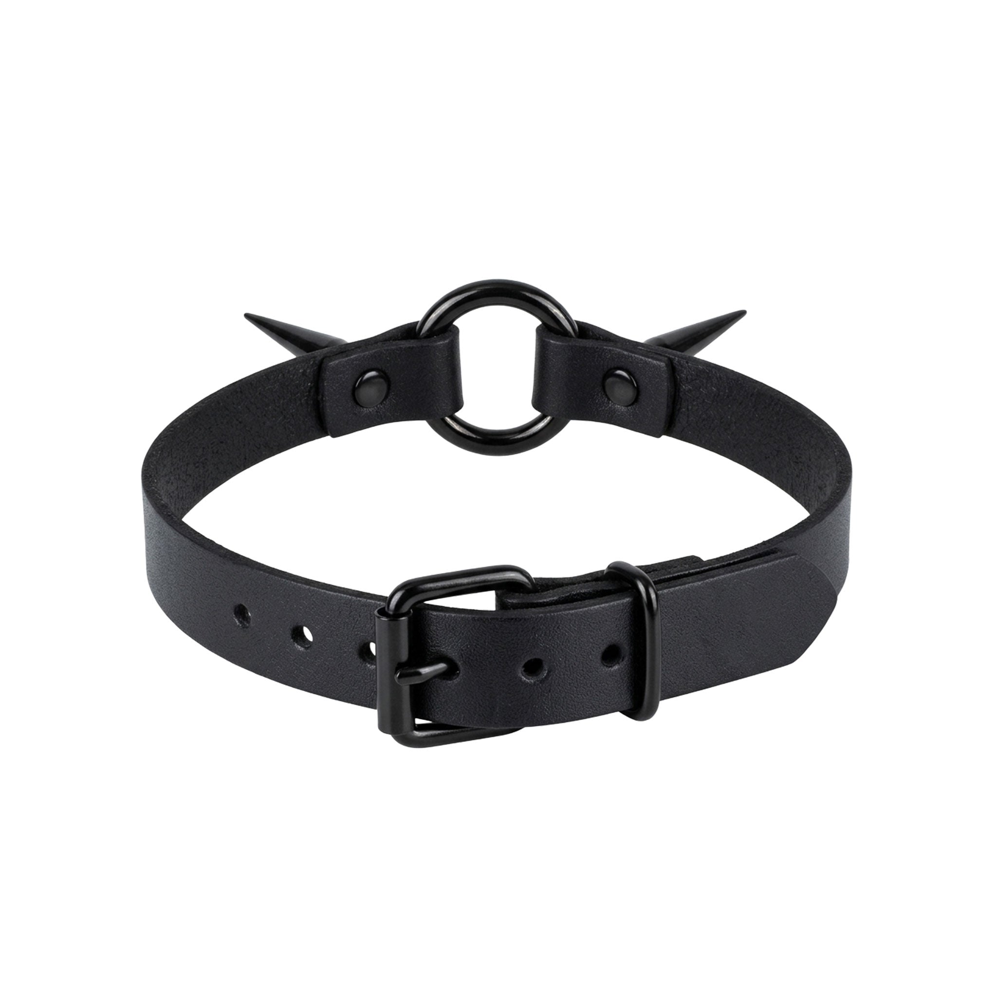 Leather genuine-leather accessories neckwear collar choker spikes spike spiked long-spikes stiletto-spikes side-spikes O-ring adjustable buckle edgy pointy fetish fashion alt-fashion alternative punk emo goth gothic festival concert bondage bdsm bdsm-toys costume cosplay halloween halloween-accessories unisex black black-spikes