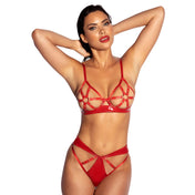 PVC vinyl polyester elastane intimates lingerie lingerie-set grommet-tape O-ring open-cup bra cage-bra panty panties hook-and-eye adjustable shoulder-straps 2pc 2-pc 2-piece two-piece thrilling self-discovery inner-goddess uncover female femme feminine women red