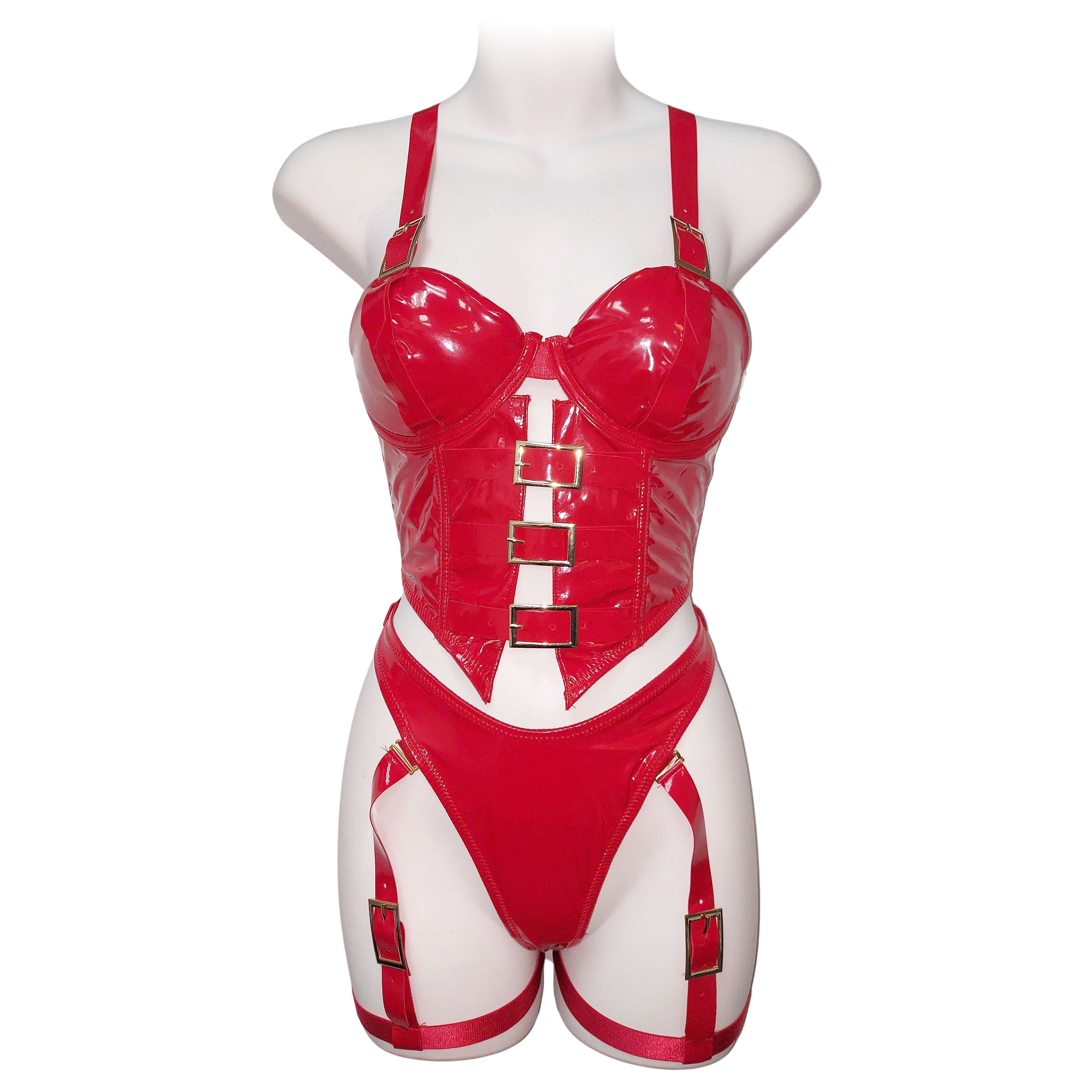 Buckle Front PVC Cupped Bustier & Garter Panty Set