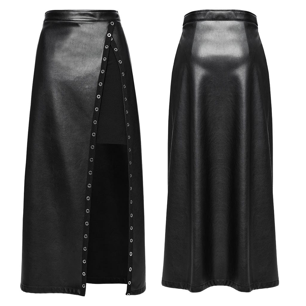 Diagonal Long Slit Faux Leather Maxi Skirt