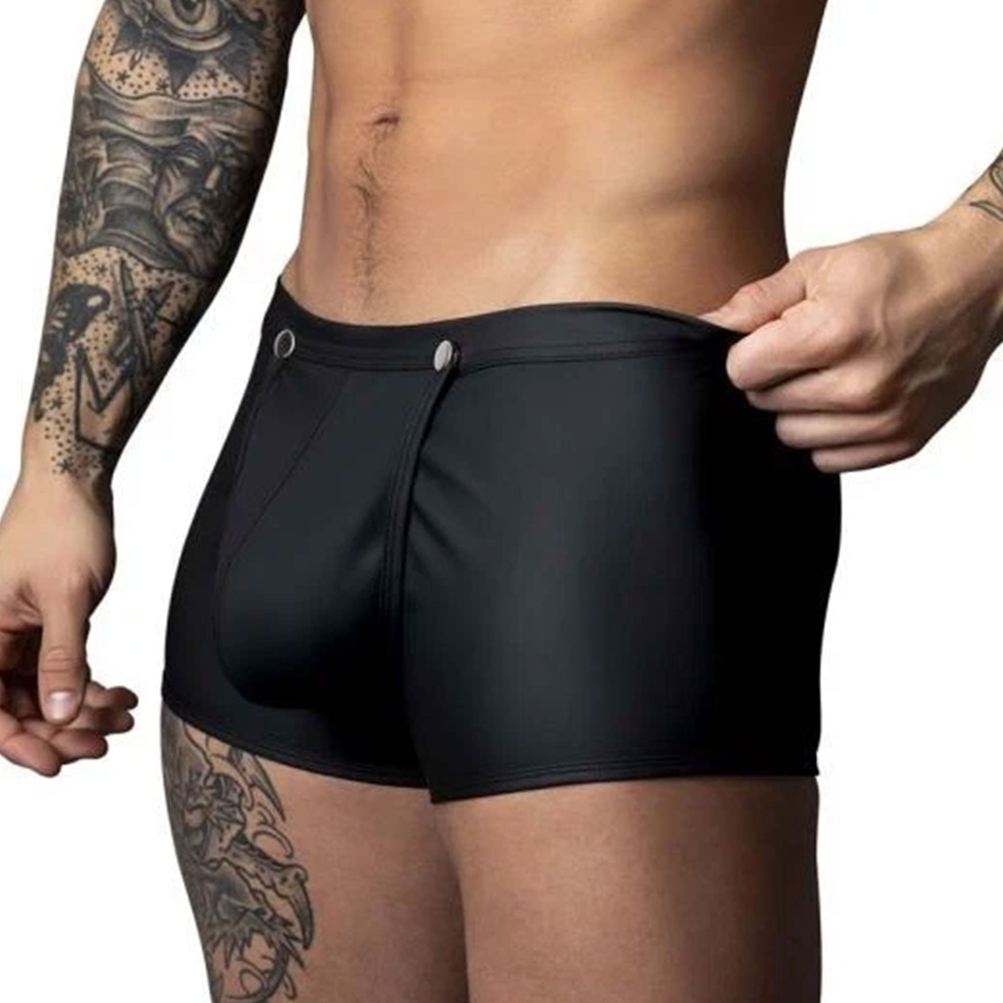 Polyester polyurethane Spandex elastane bottoms intimates lingerie shorts underwear codpiece codpiece-pouch pouch cod-piece tear-away tearaway tear-off press-stud snap-button low-rise high-cut sexy bedroom surprise fetish fashion bdsm-fashion male masculine masc mens menswear guys dudes black
