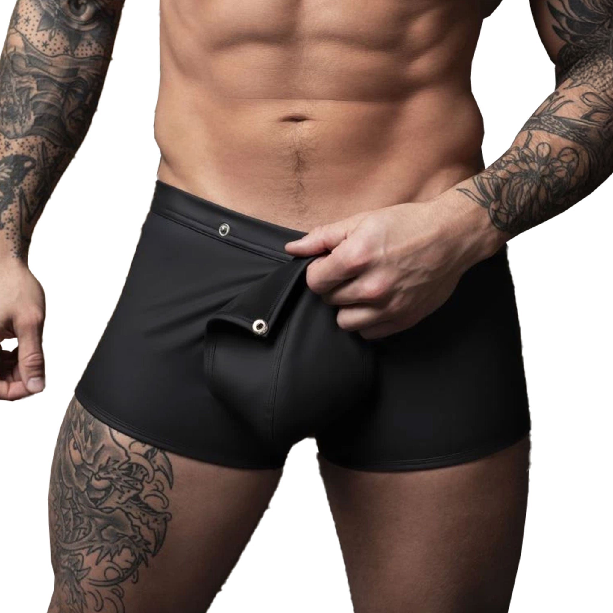 Polyester polyurethane Spandex elastane bottoms intimates lingerie shorts underwear codpiece codpiece-pouch pouch cod-piece tear-away tearaway tear-off press-stud snap-button low-rise high-cut sexy bedroom surprise fetish fashion bdsm-fashion male masculine masc mens menswear guys dudes black