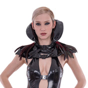 PVC vinyl feathers accessories bolero mantle high-collar high-frill feather-trim safety-buckle front-buckle elegant dramatic commanding shiny glossy fetish fashion alt-fashion costume cosplay halloween rave ravewear club clubwear festival female femme feminine women womens black red 
