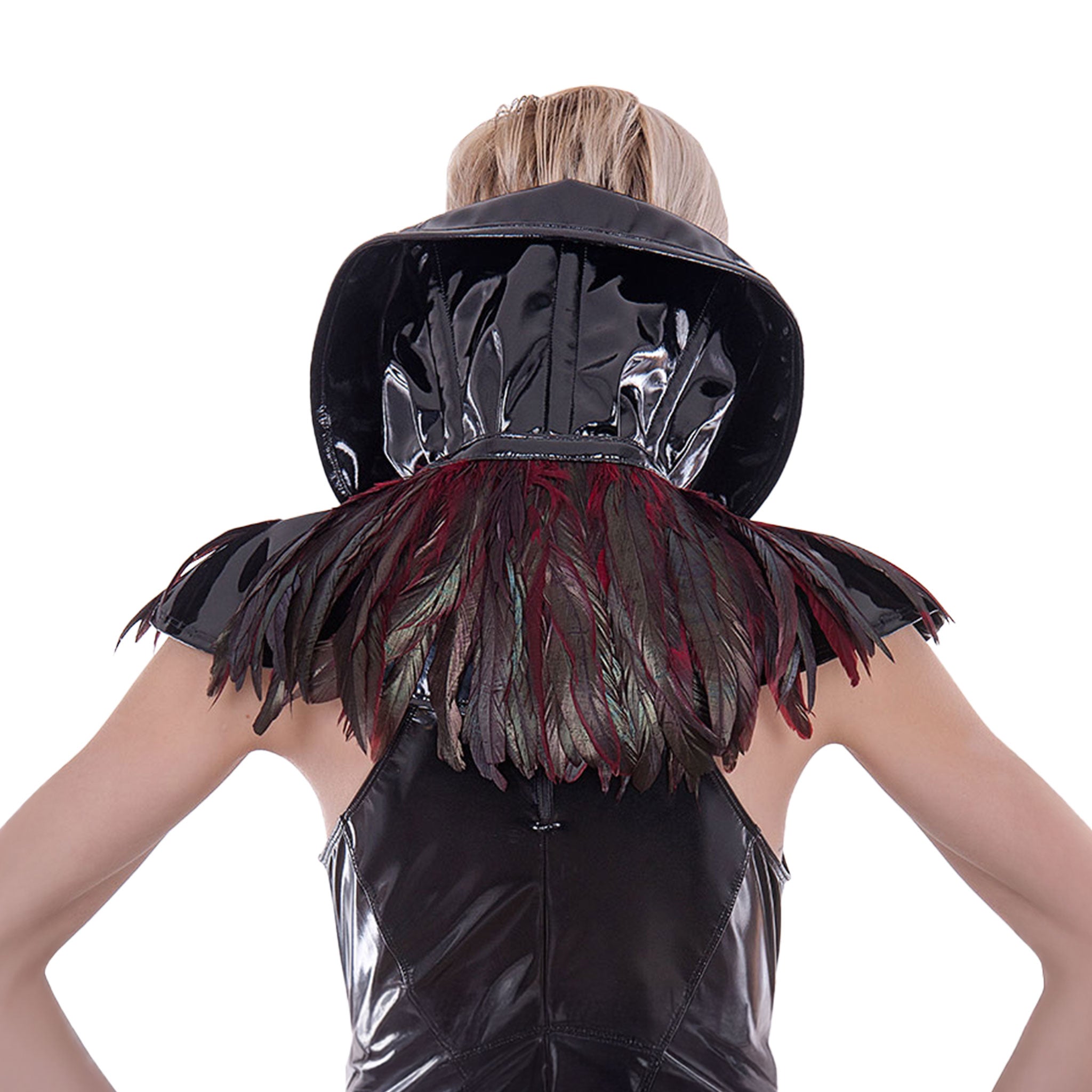 PVC vinyl feathers accessories bolero mantle high-collar high-frill feather-trim safety-buckle front-buckle elegant dramatic commanding shiny glossy fetish fashion alt-fashion costume cosplay halloween rave ravewear club clubwear festival female femme feminine women womens black red 
