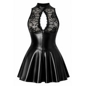 Wetlook lace scalloped-lace sheer see-thru see-through transparent crystal apparel dress mini-dress skater flared-hem sleeveless decorative high-collar stand-up lace-bodice snap-closure keyhole keyhole-cleavage zipper front-zip full-zip 2-way double-slider adjustable slit-skirt shiny matte-finish stretchy elastic revealing sleek fetish fashion alt-fashion alternative got gothic goth-doll party kink kinky kinkwear costume cosplay halloween noir-collection female femme feminine womens black
