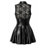 Wetlook lace scalloped-lace sheer see-thru see-through transparent crystal apparel dress mini-dress skater flared-hem sleeveless decorative high-collar stand-up lace-bodice snap-closure keyhole keyhole-cleavage zipper front-zip full-zip 2-way double-slider adjustable slit-skirt shiny matte-finish stretchy elastic revealing sleek fetish fashion alt-fashion alternative got gothic goth-doll party kink kinky kinkwear costume cosplay halloween noir-collection female femme feminine womens black