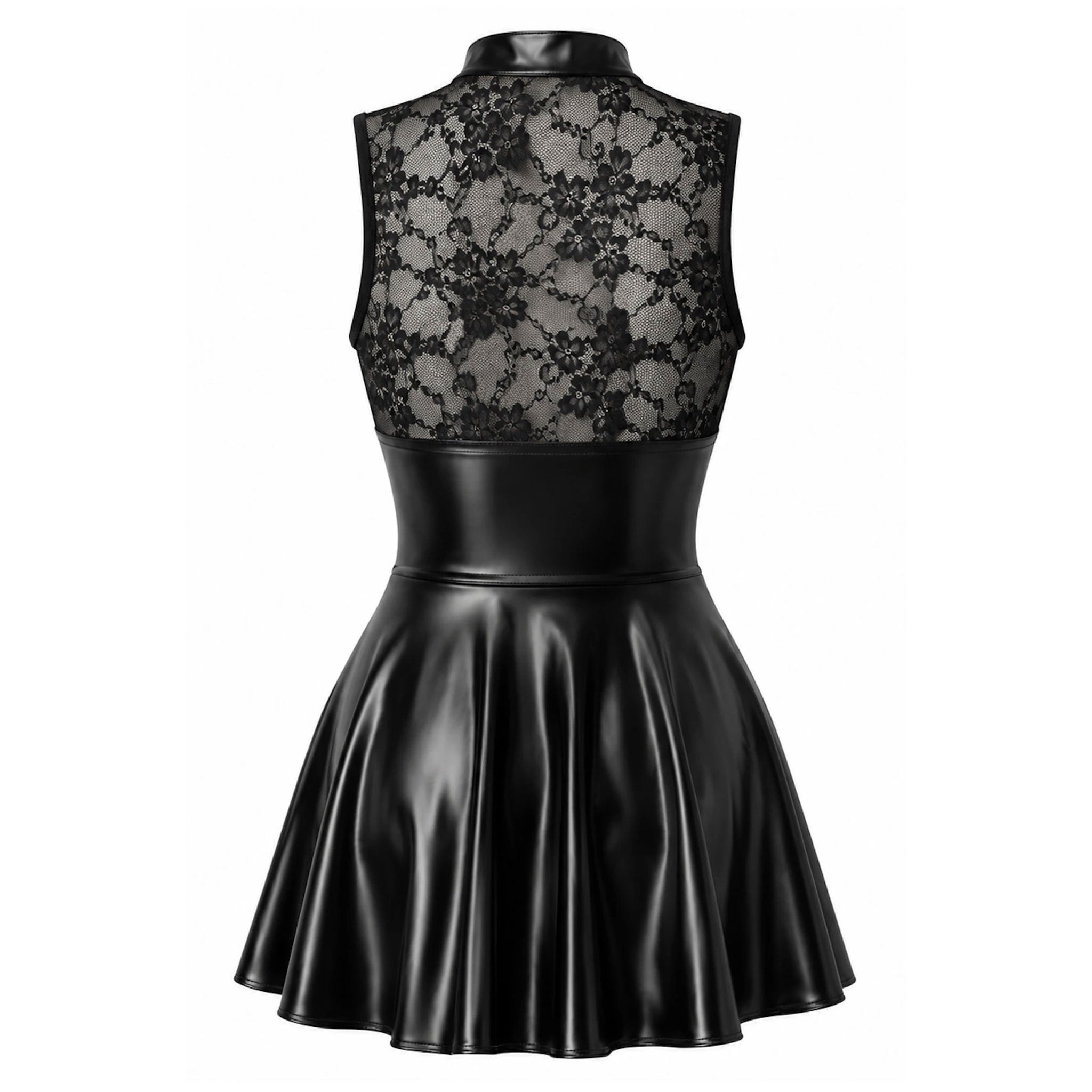 Wetlook lace scalloped-lace sheer see-thru see-through transparent crystal apparel dress mini-dress skater flared-hem sleeveless decorative high-collar stand-up lace-bodice snap-closure keyhole keyhole-cleavage zipper front-zip full-zip 2-way double-slider adjustable slit-skirt shiny matte-finish stretchy elastic revealing sleek fetish fashion alt-fashion alternative got gothic goth-doll party kink kinky kinkwear costume cosplay halloween noir-collection female femme feminine womens black
