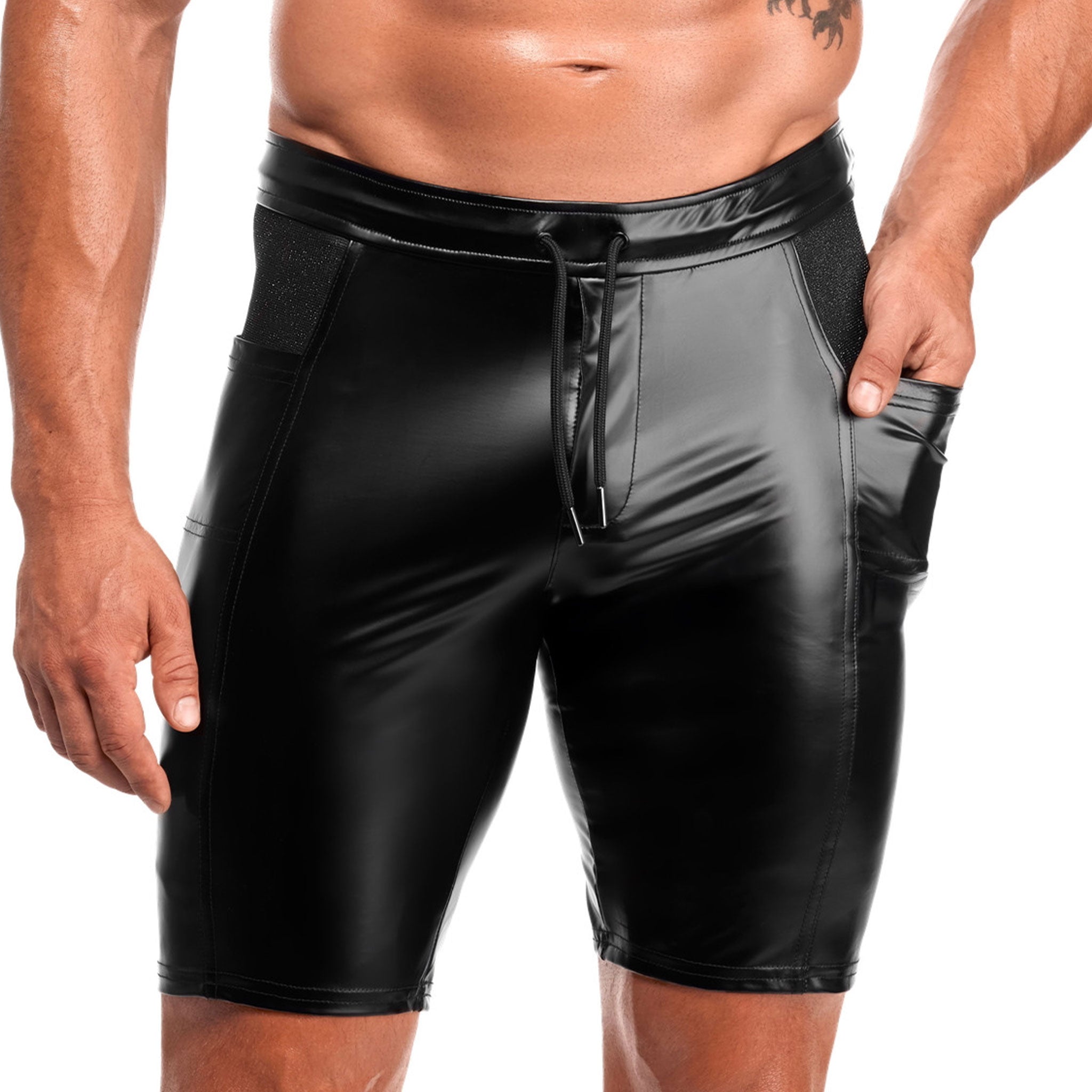 Wetlook power-wetlook mesh sheer see-through see-thru elastic apparel bottoms intimates underwear shorts biker-shorts mesh-panels pockets side-pockets waistband zipper front-zipper zipper-placket drawstring shiny matte-finish sleek modern bold daring stylish breathable fitted smooth practical soft comfortable versatile fashion alt-fashion alternative bedroom dungeon clubbing clubwear dancewear streetwear costume cosplay halloween noir-collection male masculine masc mens menswear guys dudes black
