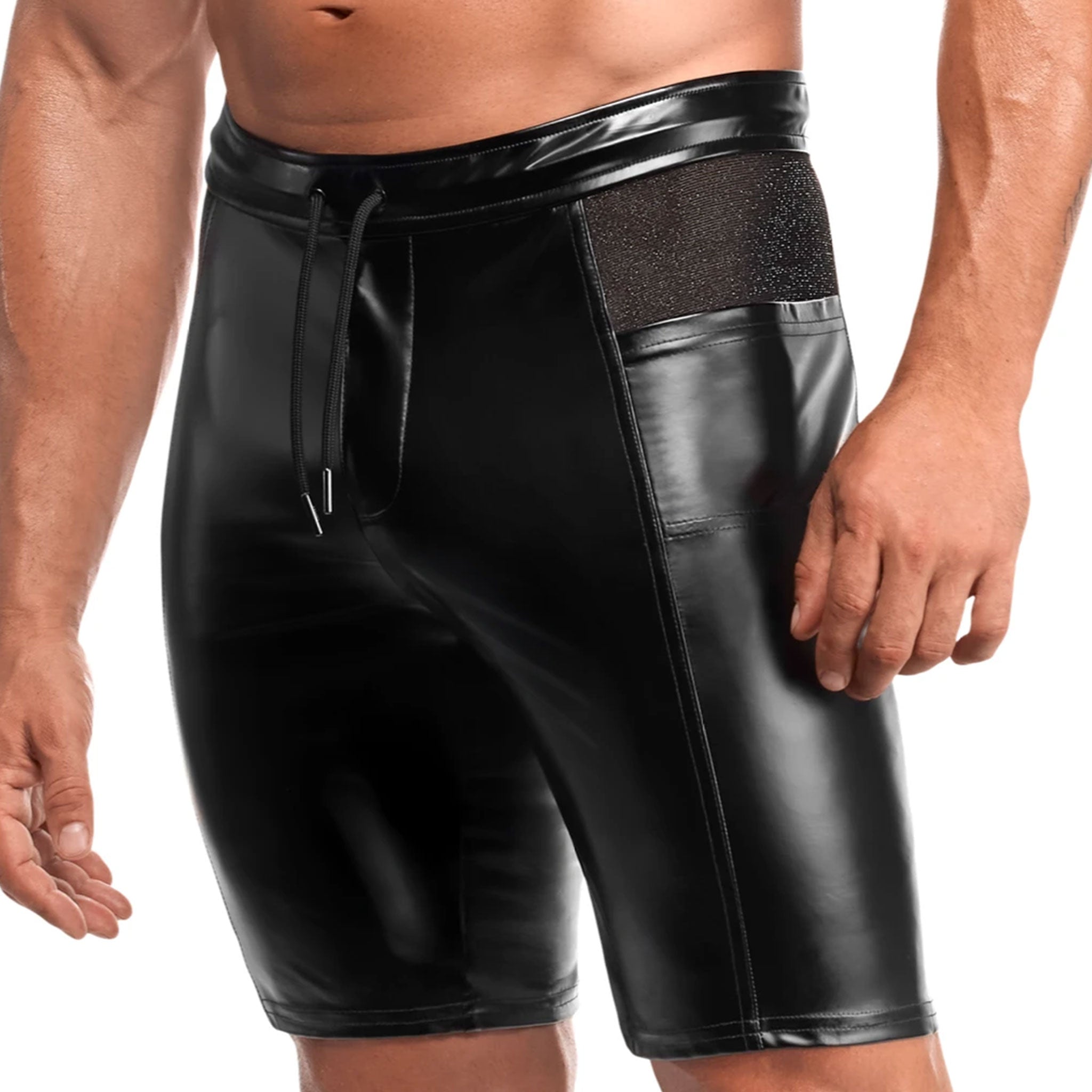 Wetlook power-wetlook mesh sheer see-through see-thru elastic apparel bottoms intimates underwear shorts biker-shorts mesh-panels pockets side-pockets waistband zipper front-zipper zipper-placket drawstring shiny matte-finish sleek modern bold daring stylish breathable fitted smooth practical soft comfortable versatile fashion alt-fashion alternative bedroom dungeon clubbing clubwear dancewear streetwear costume cosplay halloween noir-collection male masculine masc mens menswear guys dudes black