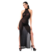 Mesh tulle sheer transparent rhinestone rhinestone-trim silver-thread dress maxi-dress maxidress gown long leg-slit side-slit sleeveless open-back backless back-strap halter-neck hook-and-eye lightweight standup-collar delicate glittering shimmering stretchy elegant breathtaking alluring sparkling luxurious graceful ethereal luminous refined sensual daring glamorous striking flowing flattering fluid elongating sophisticated fashion alt-fashion party red-carpet gala female femme feminine womens black 