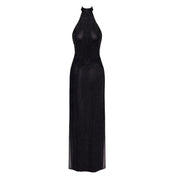 Mesh tulle sheer transparent rhinestone rhinestone-trim silver-thread dress maxi-dress maxidress gown long leg-slit side-slit sleeveless open-back backless back-strap halter-neck hook-and-eye lightweight standup-collar delicate glittering shimmering stretchy elegant breathtaking alluring sparkling luxurious graceful ethereal luminous refined sensual daring glamorous striking flowing flattering fluid elongating sophisticated fashion alt-fashion party red-carpet gala female femme feminine womens black 