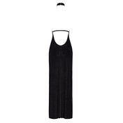 Mesh tulle sheer transparent rhinestone rhinestone-trim silver-thread dress maxi-dress maxidress gown long leg-slit side-slit sleeveless open-back backless back-strap halter-neck hook-and-eye lightweight standup-collar delicate glittering shimmering stretchy elegant breathtaking alluring sparkling luxurious graceful ethereal luminous refined sensual daring glamorous striking flowing flattering fluid elongating sophisticated fashion alt-fashion party red-carpet gala female femme feminine womens black 