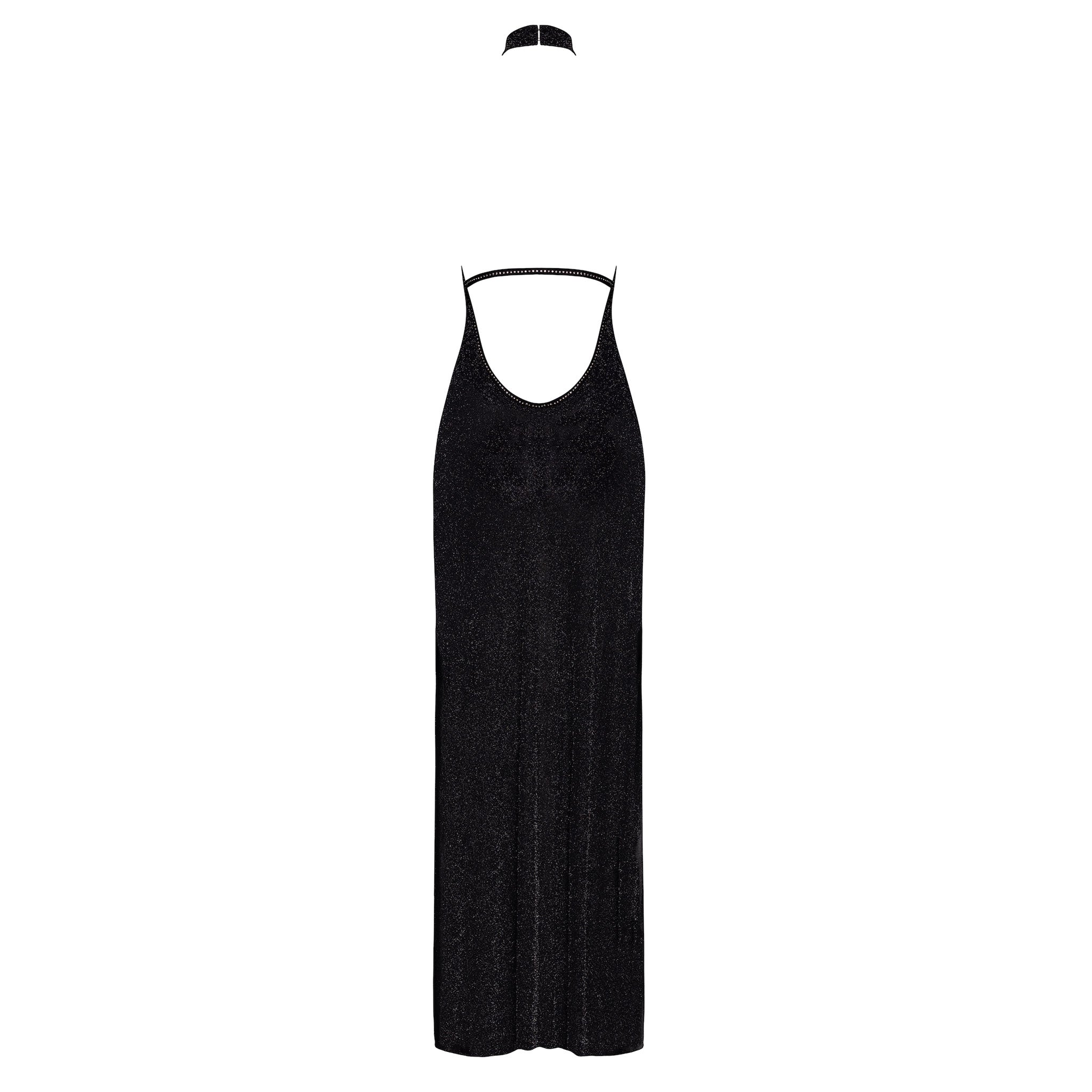 Mesh tulle sheer transparent rhinestone rhinestone-trim silver-thread dress maxi-dress maxidress gown long leg-slit side-slit sleeveless open-back backless back-strap halter-neck hook-and-eye lightweight standup-collar delicate glittering shimmering stretchy elegant breathtaking alluring sparkling luxurious graceful ethereal luminous refined sensual daring glamorous striking flowing flattering fluid elongating sophisticated fashion alt-fashion party red-carpet gala female femme feminine womens black 