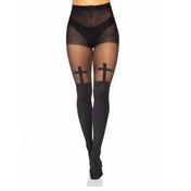opaque cross pantyhose gothic tights sheer thigh accent bold cross design spandex nylon stretchy hosiery fetish fashion edgy costume lingerie one size