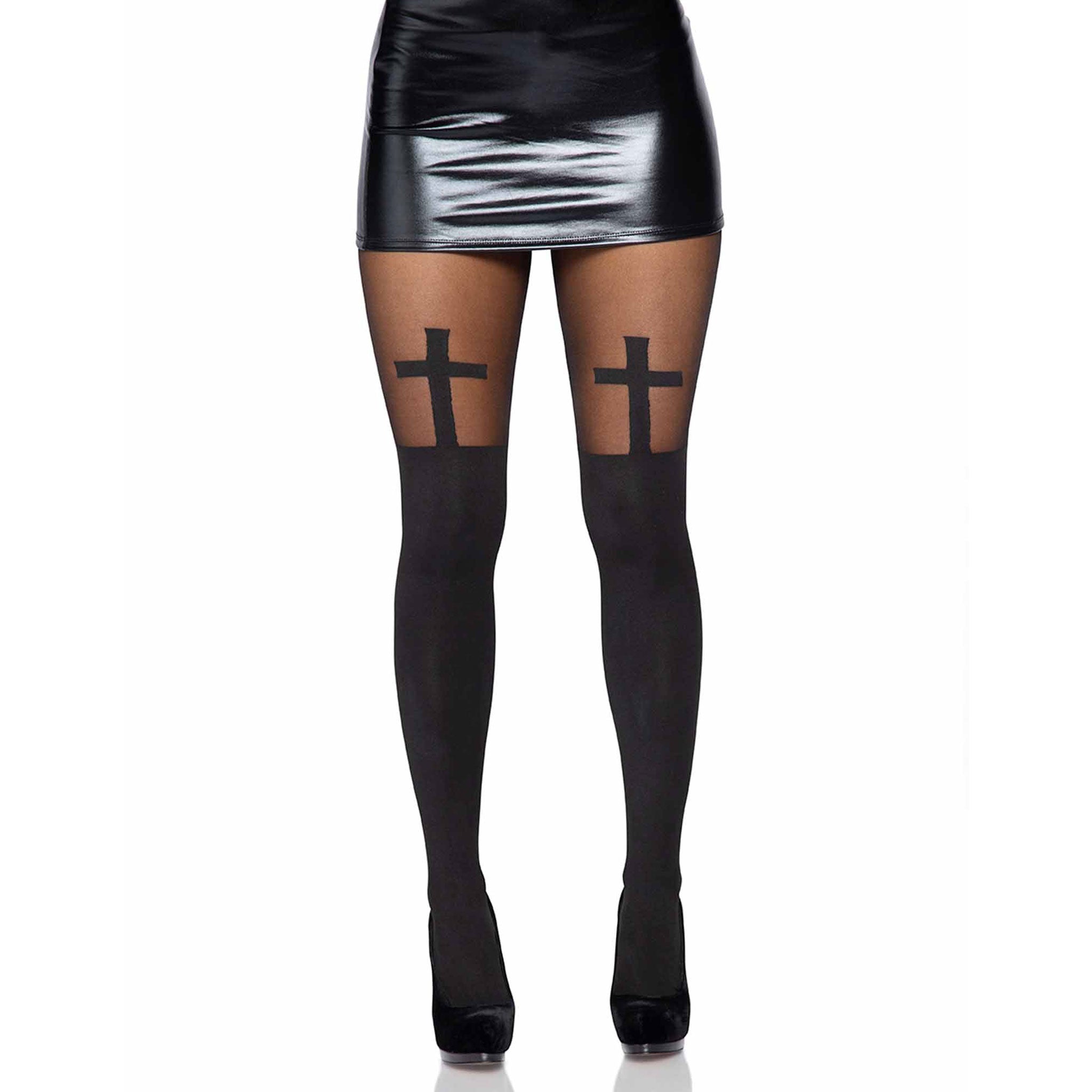 Polyester nylon Spandex sheer transparent opaque intimates hosiery pantyhose tights lingerie thigh-accent cross opaque-cross crucifix comfortable perfect-fit stretchy comfortable soft novelty sexy eye-catching striking fashion alt-fashion goth gothic punk edgy costume cosplay halloween priest nun saint sinner sacrilege sacrilegious uniform female femme feminine women black