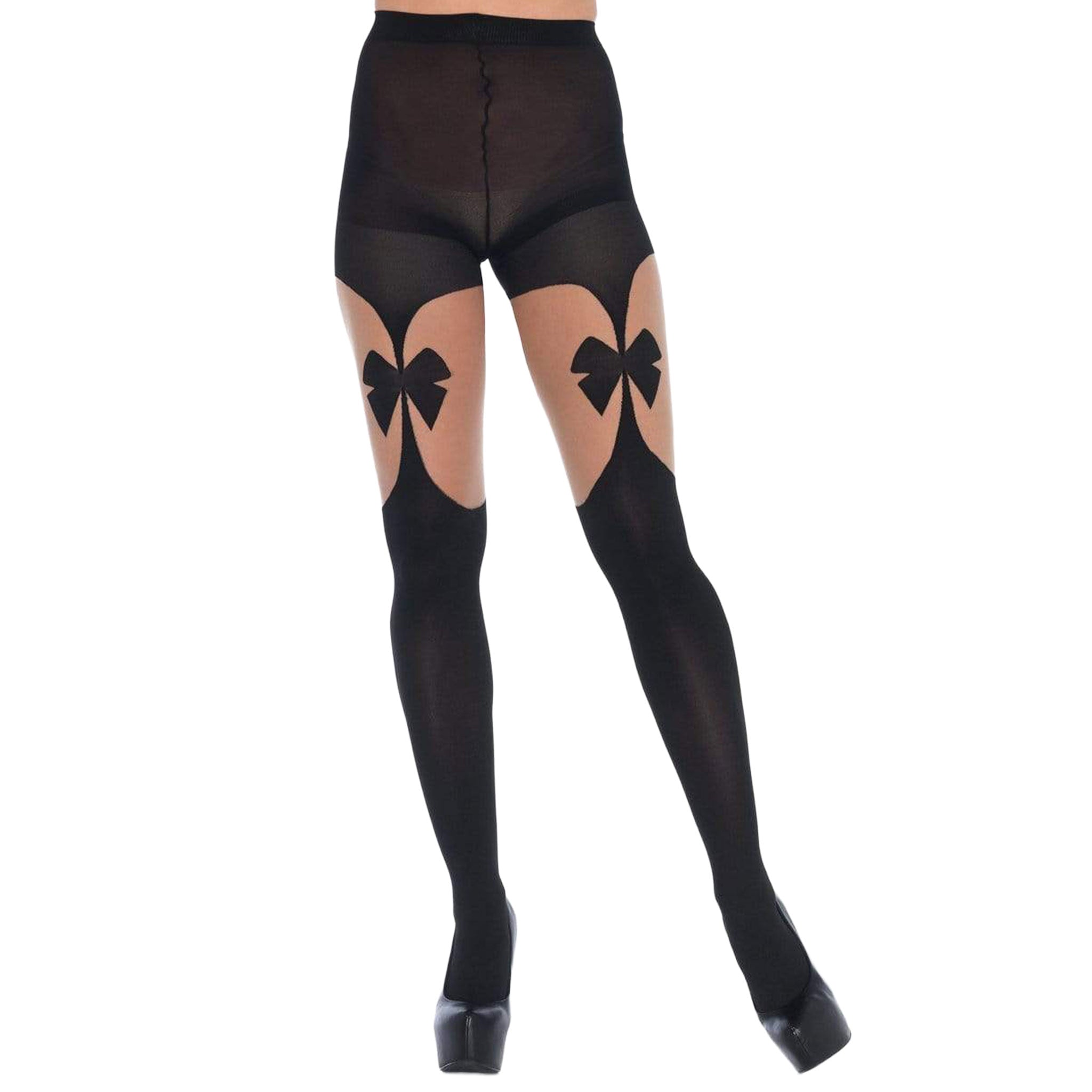 Opaque illusion garter belt tights with bow.  Fetish Factory