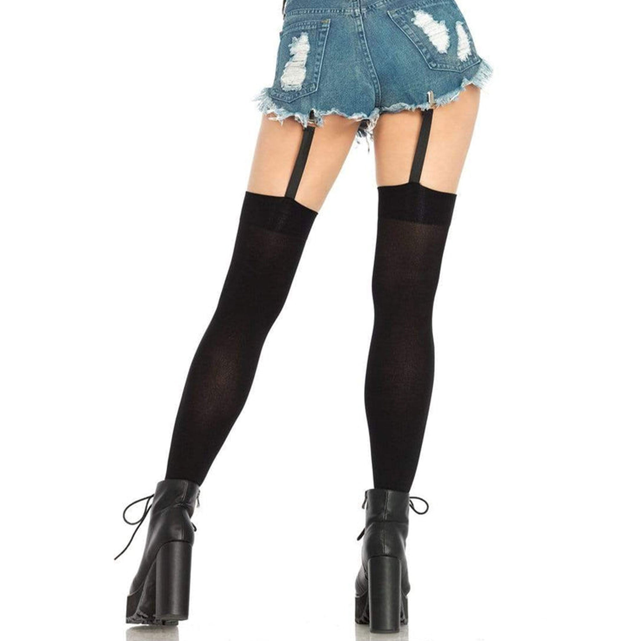 Nylon woven accessories bottoms intimates hosiery pantyhose stockings thigh-high thigh-hi opaque solid garter-clips alligator-clips reinforced-toe soft durable versatile sexy fashion alt-fashion alternative punk goth gothic gothic-doll clubwear festival rave ravewear raver-babe costume cosplay halloween gifts eyekndy female femme feminine womens black
