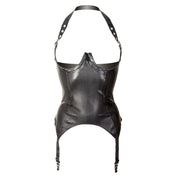 Latex rubber intimates lingerie top bodysuit one-piece basque open-cup open-bust sleeveless halter halter-neck adjustable buckle support full-zip back-zip zipper garter-straps garter suspender-straps slide-clips perfect-fit cling transform-yourself sexy curvy essential naughty-time night-time nighttime female femme feminine women chimera black