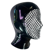 Latex rubber accessories head hood open-face fishnet fish-net face cage net back-zip zipper hair-shield kink kinky kinky-play self-expression handcrafted hand-crafted bold nightlife photoshoot avant-garde streetwear street-wear edgy dramatic sexy bondage bdsm halloween female femme feminine women male masculine masc mens guys dudes unisex black