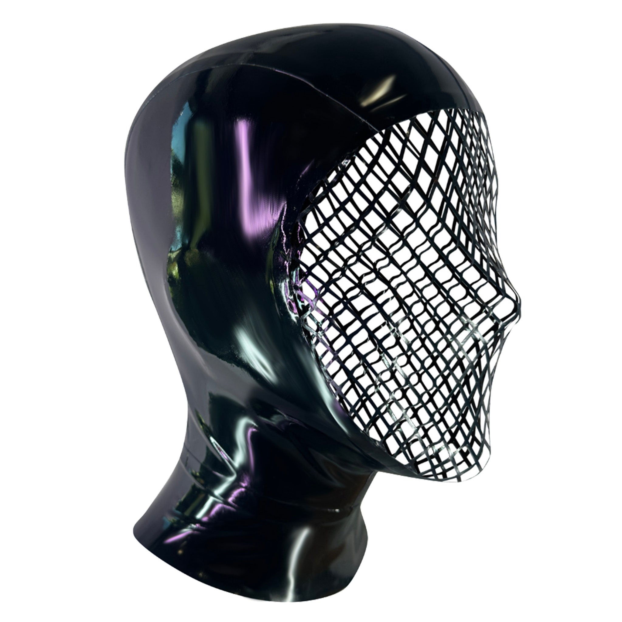 Latex rubber accessories head hood open-face fishnet fish-net face cage net back-zip zipper hair-shield kink kinky kinky-play self-expression handcrafted hand-crafted bold nightlife photoshoot avant-garde streetwear street-wear edgy dramatic sexy bondage bdsm halloween female femme feminine women male masculine masc mens guys dudes unisex black