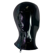Latex rubber accessories head hood open-face fishnet fish-net face cage net back-zip zipper hair-shield kink kinky kinky-play self-expression handcrafted hand-crafted bold nightlife photoshoot avant-garde streetwear street-wear edgy dramatic sexy bondage bdsm halloween female femme feminine women male masculine masc mens guys dudes unisex black