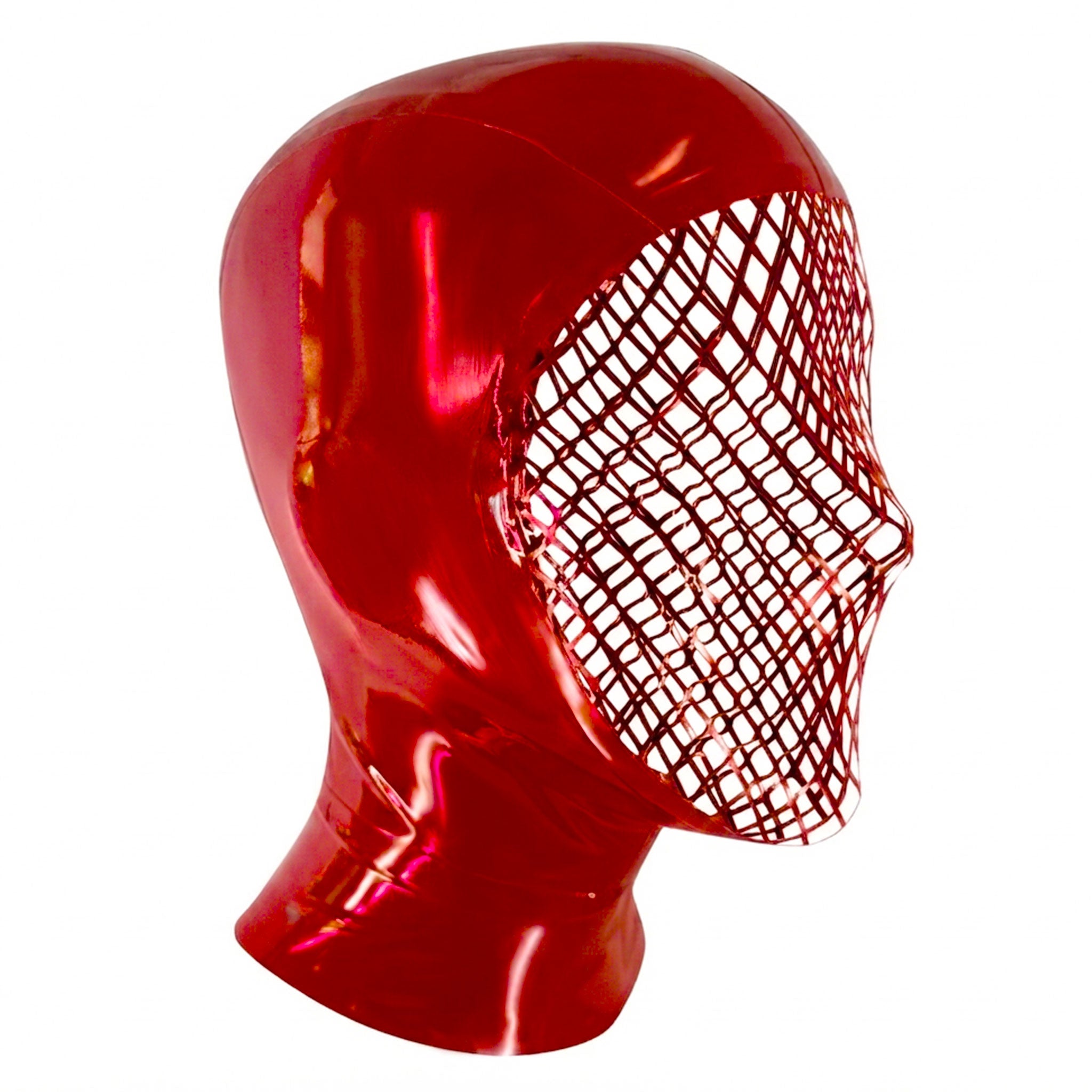 Latex rubber accessories head hood open-face fishnet fish-net face cage net back-zip zipper hair-shield kink kinky kinky-play self-expression handcrafted hand-crafted bold nightlife photoshoot avant-garde streetwear street-wear edgy dramatic sexy bondage bdsm halloween female femme feminine women male masculine masc mens guys dudes unisex red
