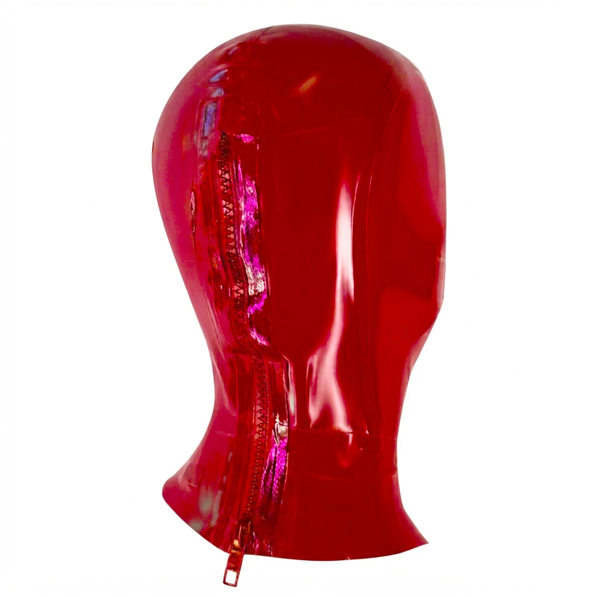 Latex rubber accessories head hood open-face fishnet fish-net face cage net back-zip zipper hair-shield kink kinky kinky-play self-expression handcrafted hand-crafted bold nightlife photoshoot avant-garde streetwear street-wear edgy dramatic sexy bondage bdsm halloween female femme feminine women male masculine masc mens guys dudes unisex red