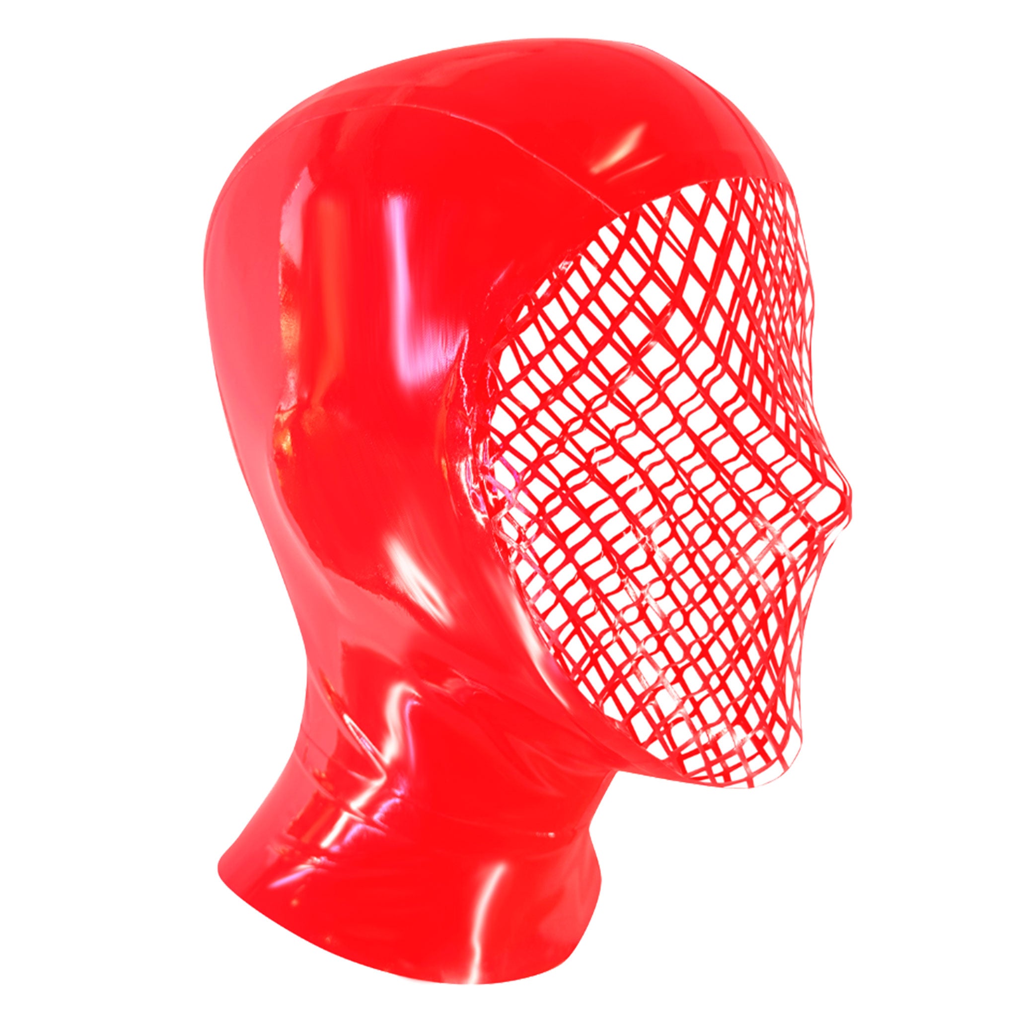 Latex rubber accessories head hood open-face fishnet fish-net face cage net back-zip zipper hair-shield kink kinky kinky-play self-expression handcrafted hand-crafted bold nightlife photoshoot avant-garde streetwear street-wear edgy dramatic sexy bondage bdsm halloween female femme feminine women male masculine masc mens guys dudes unisex red