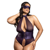 Polyester Spandex leatherette sheer mesh apparel intimates lingerie bodysuit teddy halter-neck collar waist-cincher lace-up laceup open-crotch open-back open-seat blindfold tie-back hook-and-eye sexy stretchy breathable fetish fashion bedroom bondage bdsm bdsm-gear kink kinky kinkwear costume cosplay female femme feminine womens purple queen