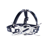 adjustable faux leather face harness with metal spider-legged O-ring gag, open mouth gag for submission play, BDSM oral restraint gag, kink accessory for fetish play