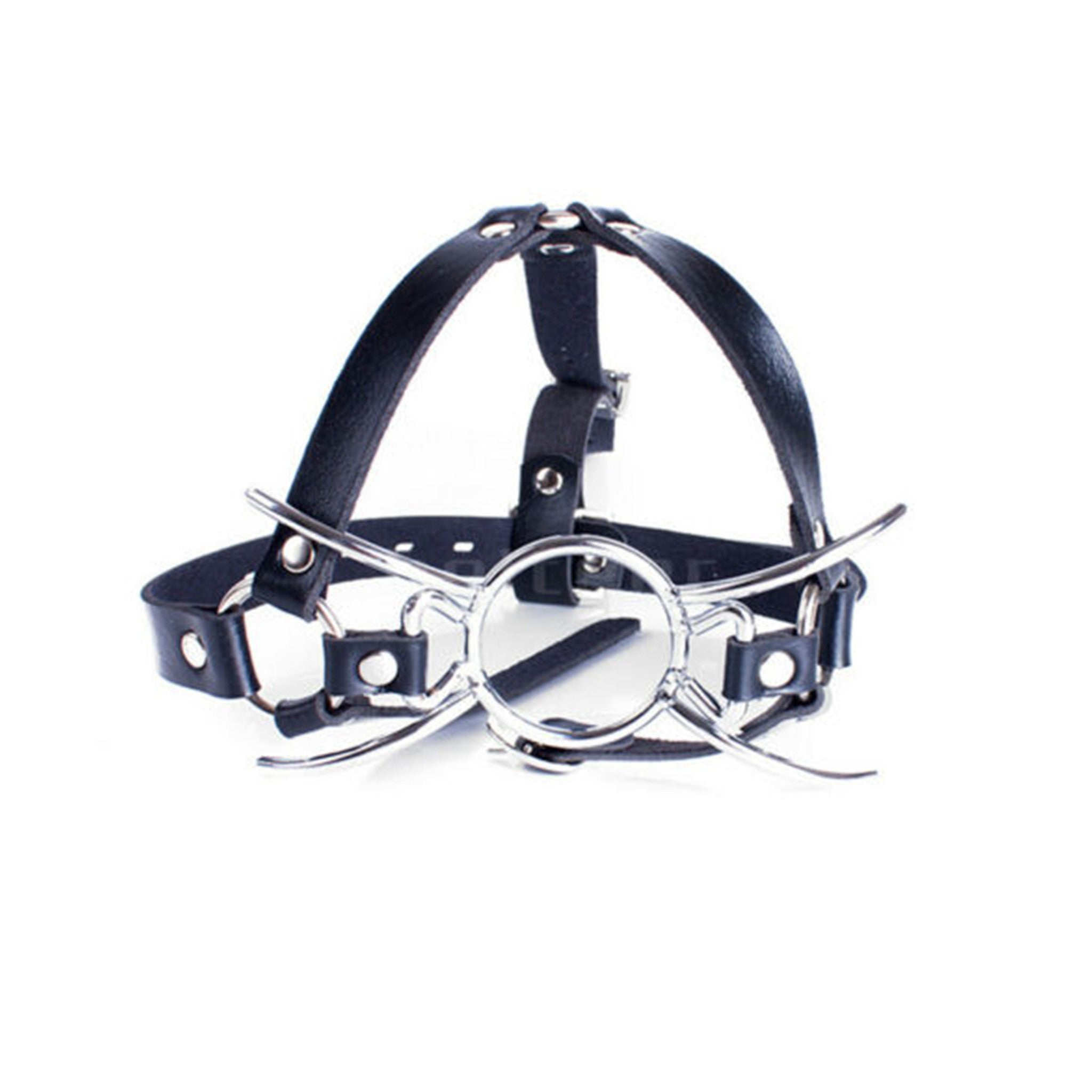 adjustable faux leather face harness with metal spider-legged O-ring gag, open mouth gag for submission play, BDSM oral restraint gag, kink accessory for fetish play