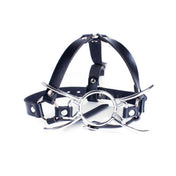 Leather faux-leather PU-leather synthetic-leather accessories harness face-harness head-harness muzzle gag mouth-gag spider-gag spider-legged O-ring adjustable buckle lockable locking straps cranial-ridge chin-strap sturdy durable fetish fashion alt-fashion bondage bdsm bdsm-gear bdsm-toys restraints oral-restraint oral-submission sub submissive kink kinky kinky-play kinky-toys power-play unisex adult-toys black silver