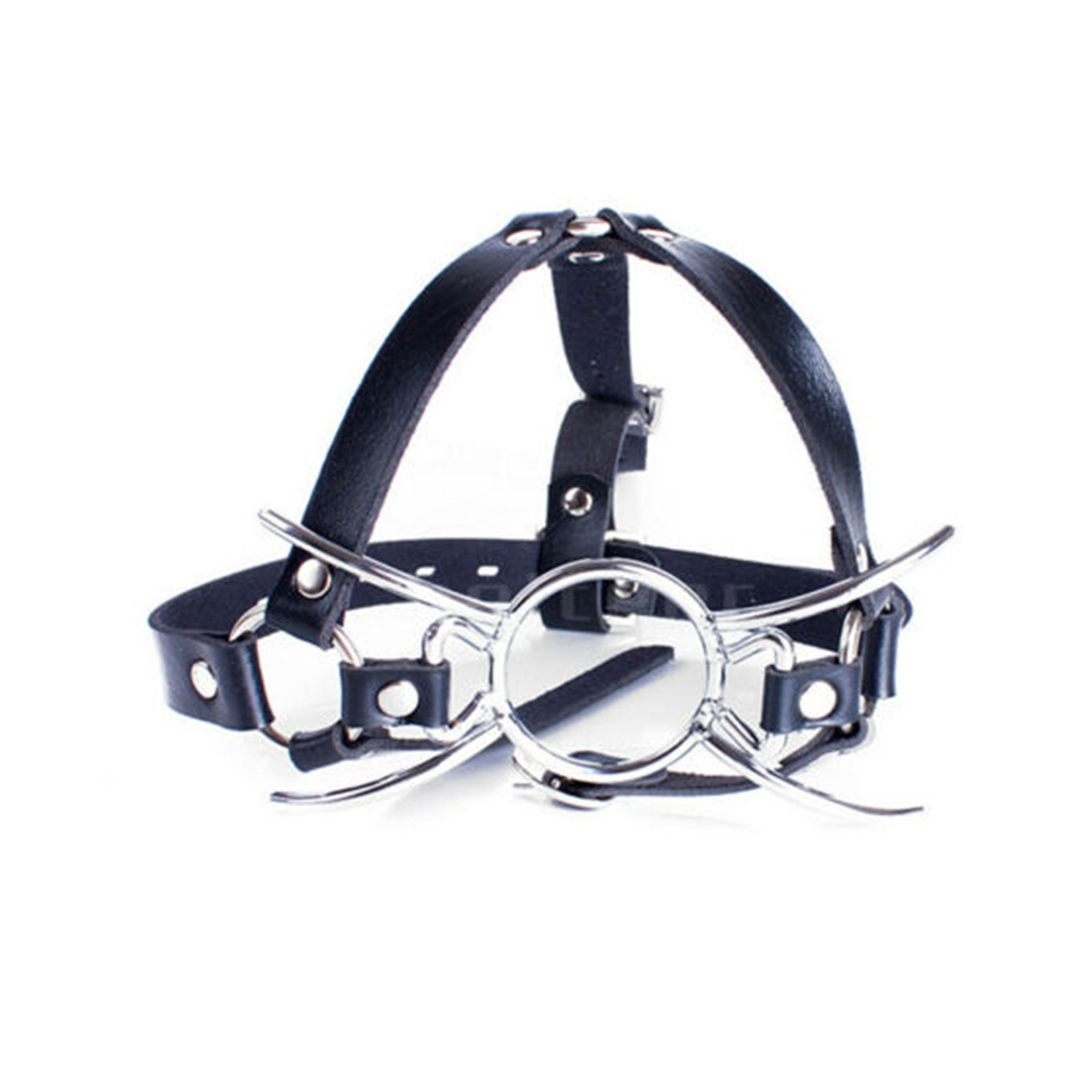 Leather faux-leather PU-leather synthetic-leather accessories harness face-harness head-harness muzzle gag mouth-gag spider-gag spider-legged O-ring adjustable buckle lockable locking straps cranial-ridge chin-strap sturdy durable fetish fashion alt-fashion bondage bdsm bdsm-gear bdsm-toys restraints oral-restraint oral-submission sub submissive kink kinky kinky-play kinky-toys power-play unisex adult-toys black silver