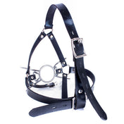 Leather faux-leather PU-leather synthetic-leather accessories harness face-harness head-harness muzzle gag mouth-gag spider-gag spider-legged O-ring adjustable buckle lockable locking straps cranial-ridge chin-strap sturdy durable fetish fashion alt-fashion bondage bdsm bdsm-gear bdsm-toys restraints oral-restraint oral-submission sub submissive kink kinky kinky-play kinky-toys power-play unisex adult-toys black silver