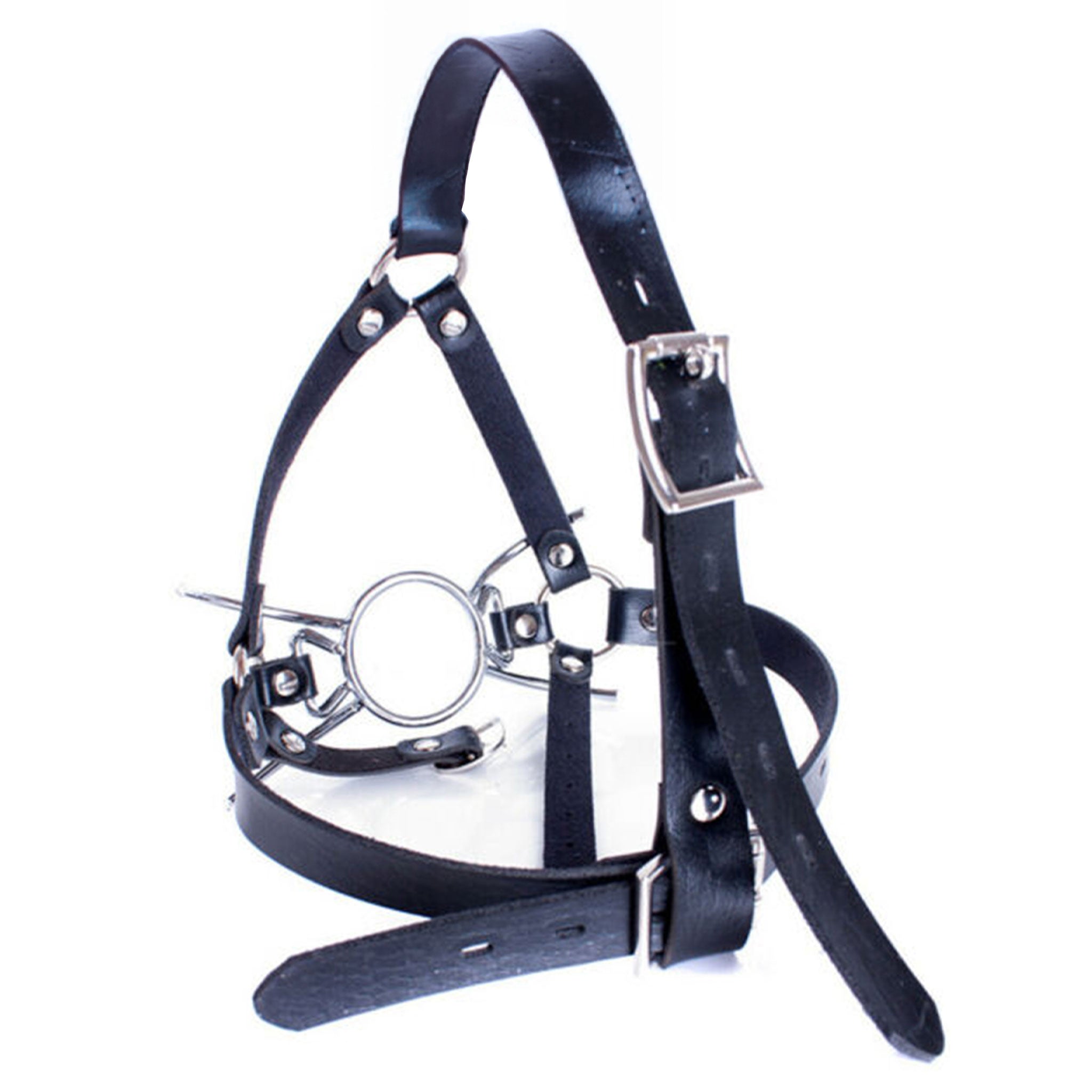 Leather faux-leather PU-leather synthetic-leather accessories harness face-harness head-harness muzzle gag mouth-gag spider-gag spider-legged O-ring adjustable buckle lockable locking straps cranial-ridge chin-strap sturdy durable fetish fashion alt-fashion bondage bdsm bdsm-gear bdsm-toys restraints oral-restraint oral-submission sub submissive kink kinky kinky-play kinky-toys power-play unisex adult-toys black silver