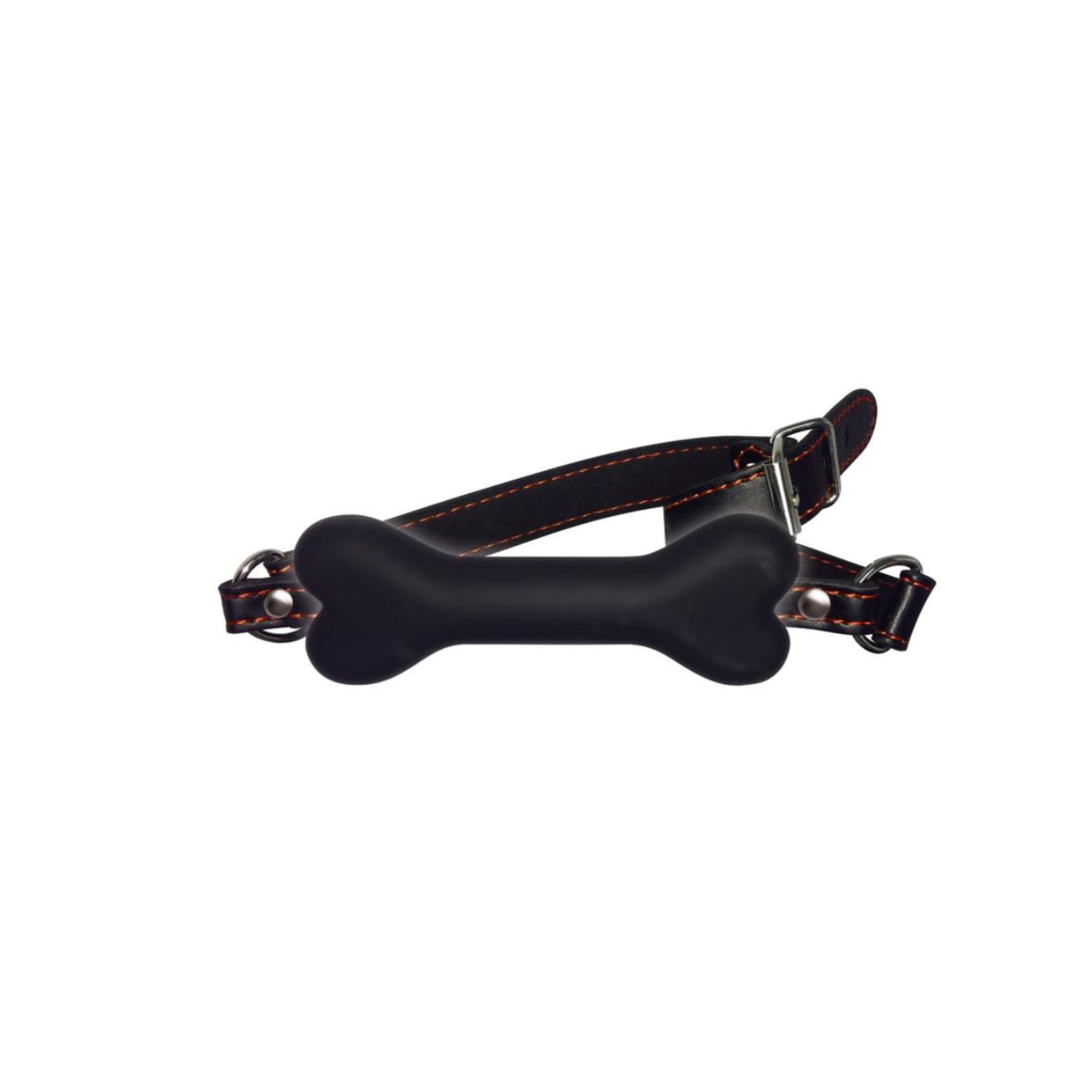 orange bone gag, silicone dog bone gag, leatherette strap gag with metal buckles, phthalate-free bone gag, waterproof bondage gag orange stitch, Fetish Factory kinky restraints