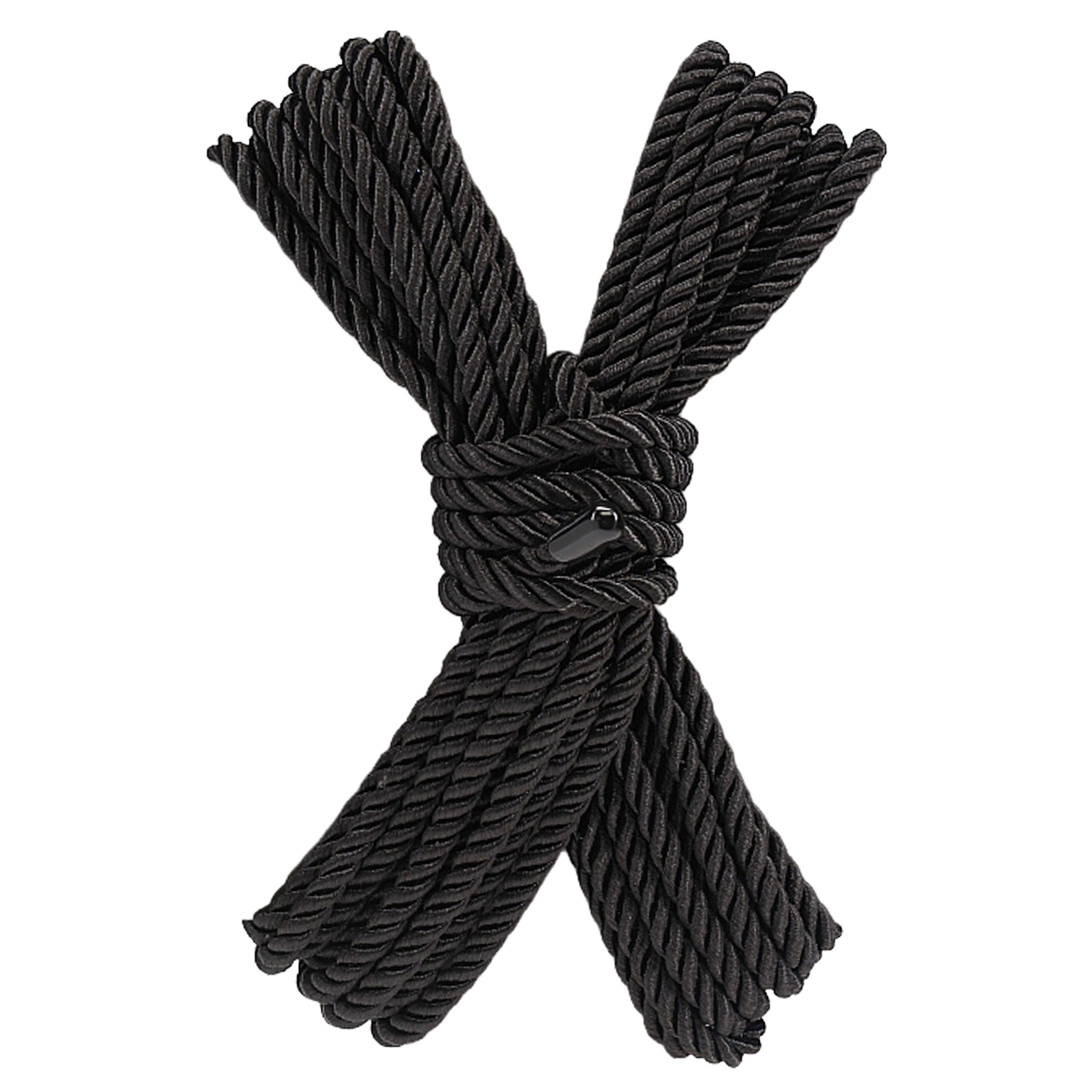 Polyester cotton poly-blend cotton-blend rope bondage-rope three-braid 3-braid rubber-capped Japanese-inspired strong long sensuous silky smooth bondage bdsm restraints rope-play ropeplay shibari kinbaku tied-up tying bound dom dominant domme sub submissive submission adult-toys black