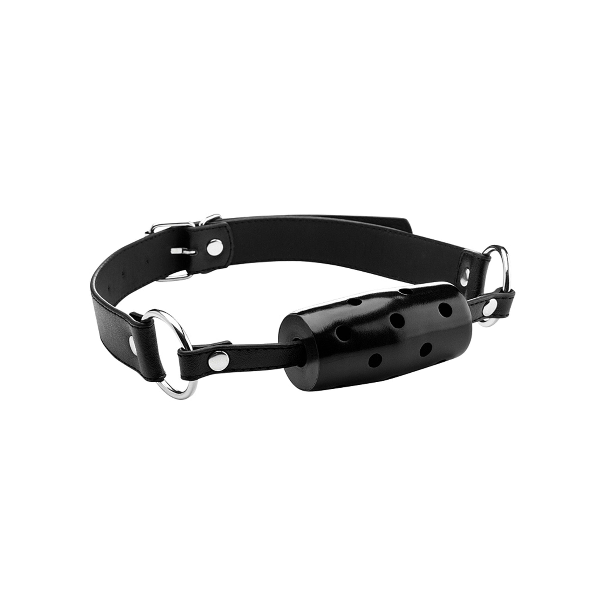 Leather quality-leather rubber gag mouth-gag cylinder cylinder-gag ventilated-cylinder holes O-ring breathable buckle adjustable fetish fashion alt-fashion kink kinky kinky-play bdsm bondage restraint silence quiet distinctive unisex black