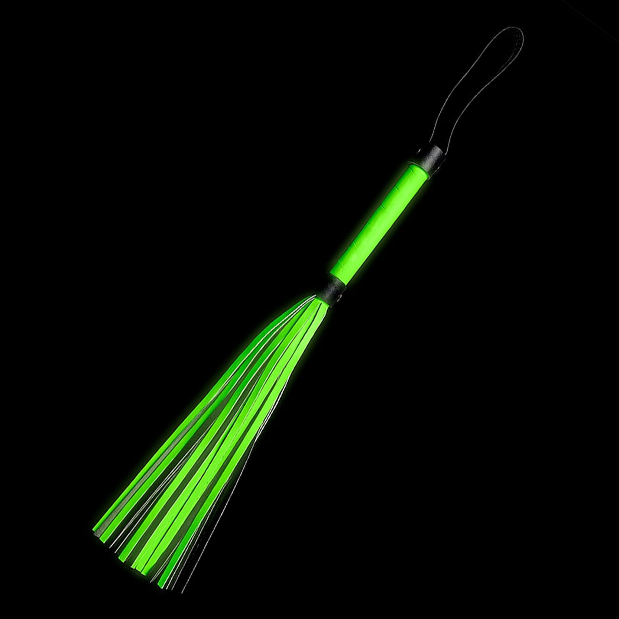 PU leather bedroom-weapons whip flogger handle-loop sturdy-handle teasing satisfying stinging sting spanking punishment bdsm bondage sessions stroking flogging ecstatic ecstasy sadism masochism submission domination impact impact-toys impact-play green fluorescent glow-in-the-dark 