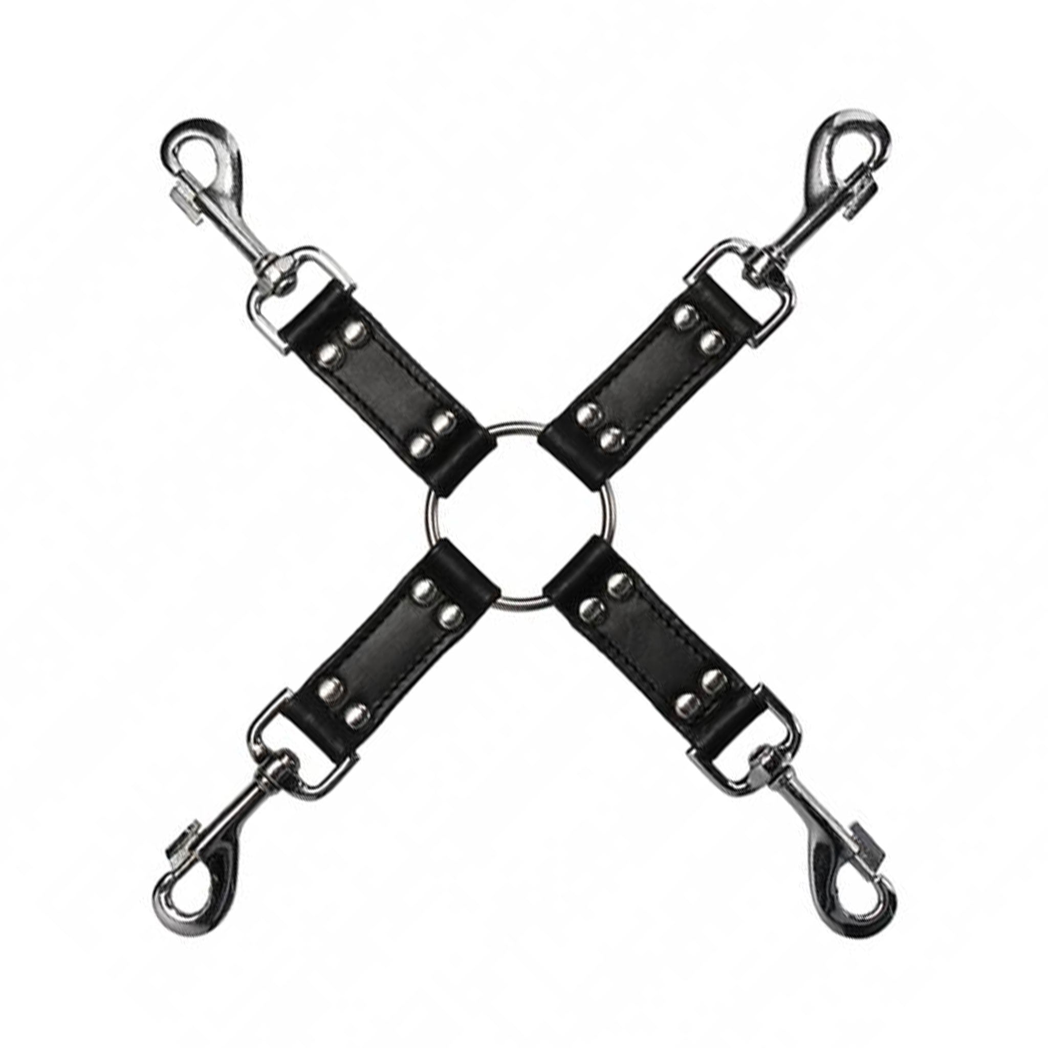 Leather genuine-leather heavy-duty stainless-steel accessories restraints tied-up fullbody full-body hogtie hog-tie hogtie-cross quick-release swivel swiveling D-ring O-Ring sturdy bondage bdsm bdsm-toys bdsm-gear click-and-play sub submissive submission control adult-toys black