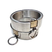 Stainless-steel brass-padlock polished shiny heavy hinged restrains ankle ankle-cuffs oval oval-shaped ellipse locking lockable O-ring durable fetish fashion bdsm bondage bdsm-gear bdsm-toys kink kinky kinky-play adult-toys silver